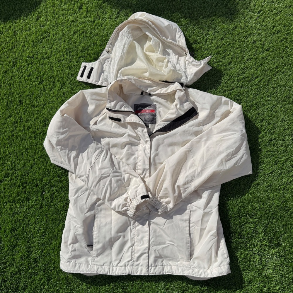 Eddie Bauer WeatherEdge Womens L Rain Jacket White Hooded Waterproof Shell